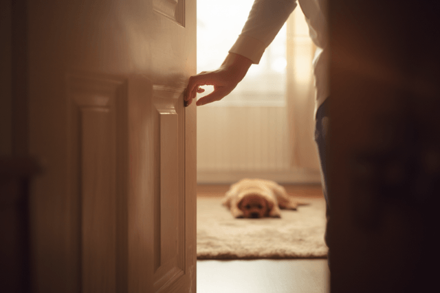 Eine Person schließt sanft eine Zimmertür, während ein Welpe im Hintergrund ruhig auf seinem Platz liegt