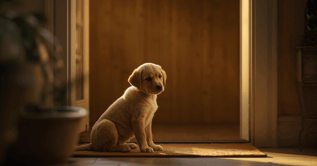 Welpe alleine lassen - Kleiner Hund sitzt alleine im Flur