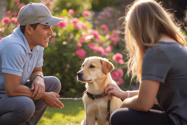 Ein Hundetrainer sitzt einfühlsam mit Hundebesitzer und Welpen im Garten zusammen, ruhiges Gespräch