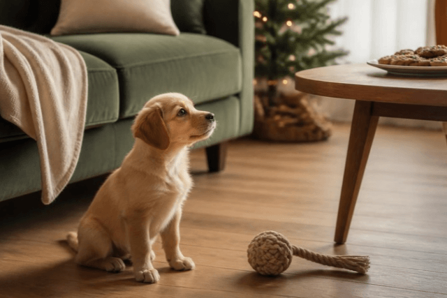 Welpe mit Kauspielzeug in der Weihnachtszeit, Plätzchenteller sicher außer Reichweite