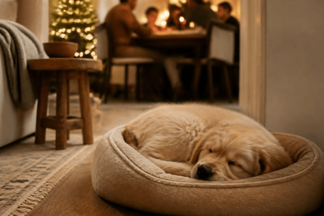 Welpe ruht im Rückzugsbett während Besuch an Weihnachten – Ruhezeiten für Welpen