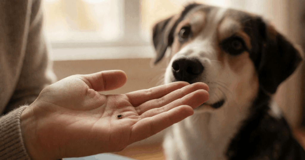Zeckenschutz für Hunde: Zecke auf der Hand nach dem Absuchen des Hundes – Zeckenschutz für Hunde